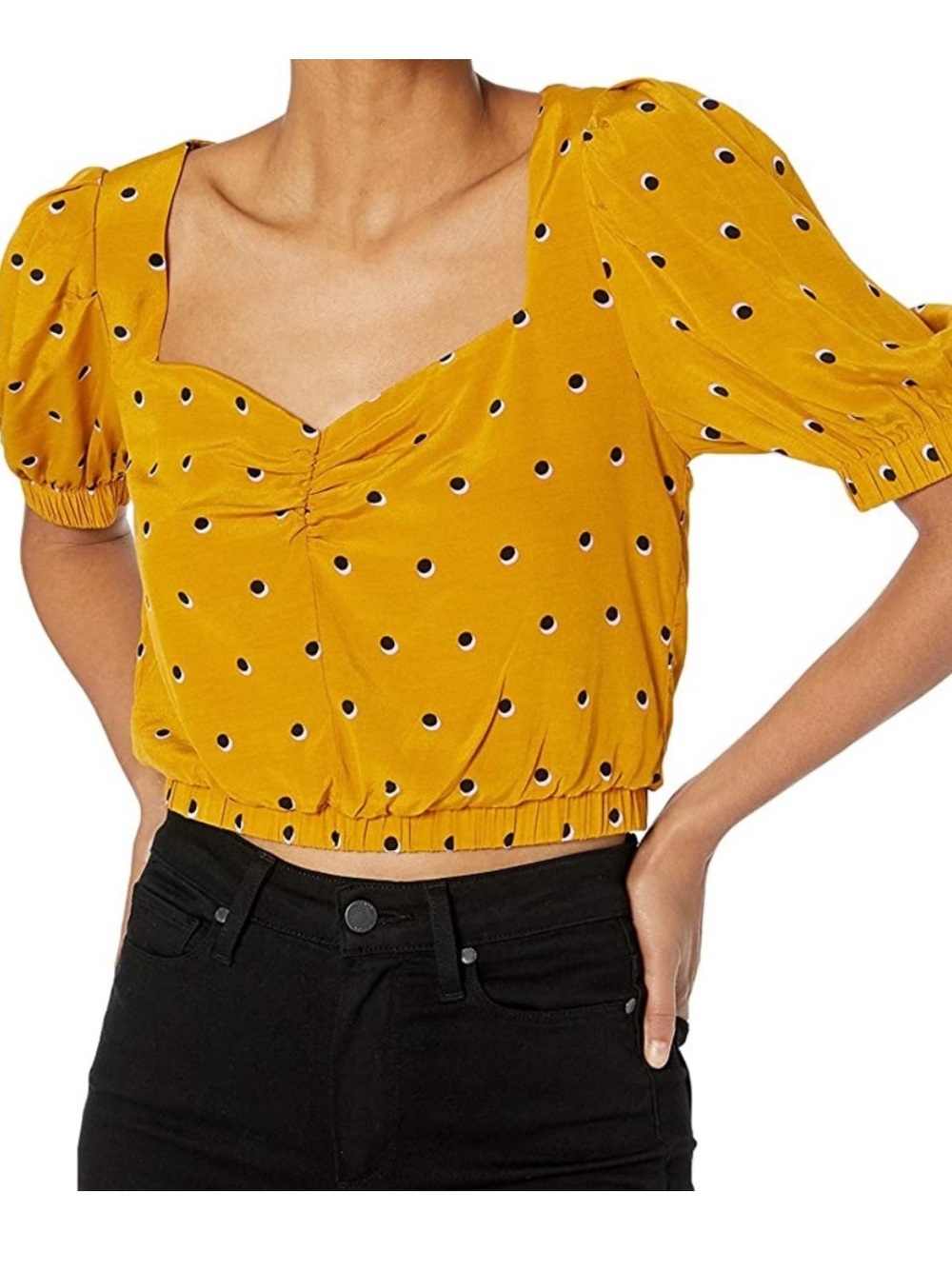ASTR the label Drew Mustard Yellow Polka Dot Puff Sleeve Cropped Top